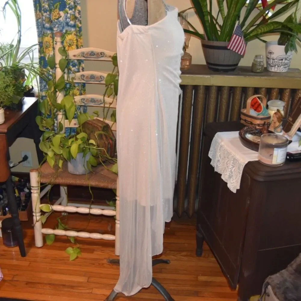 Y2K deb Formal Strapless Hi-Low Dress Metallic Beaded Champagne Size XL